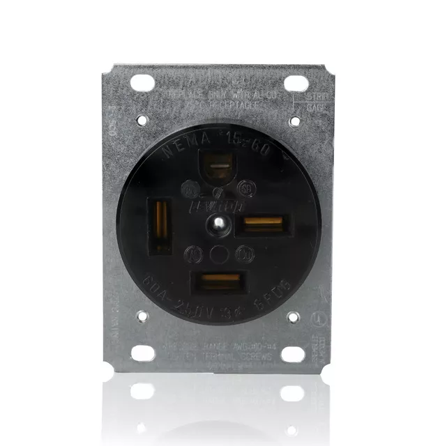 8460 - 60 Amp NEMA 15-60R Flush Mtg Receptacle in Black - Leviton